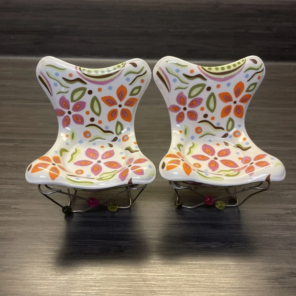 PartyLite Colorful Tealight Votive Candle‎ Holder Porcelain Chair 3x3x3 Set (2)